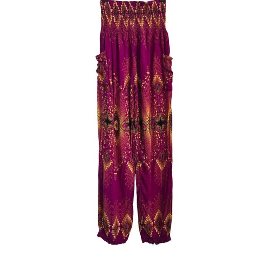 Emily Magenta Purple Mandala Print Smocked Waist Harem‎ Boho Festival Pants